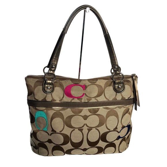 Coach Handbags - Coach Poppy Khaki Multi Embroidery Signature Glam Tote Women's Shoulder Bag